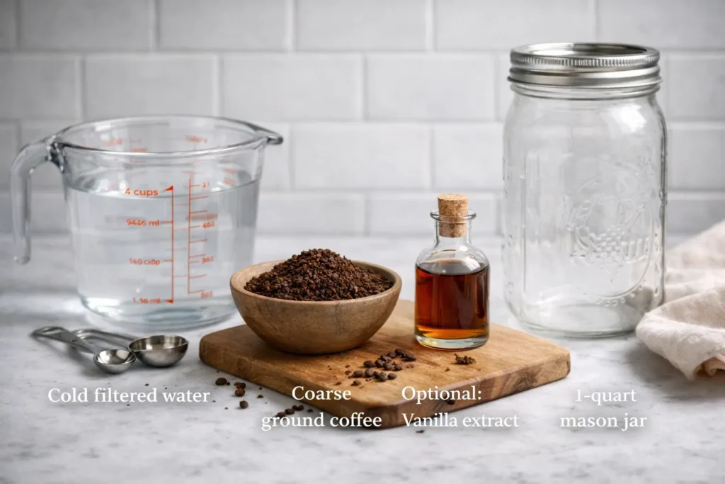 Ingredients for cold brew coffee including coarse ground coffee, water, vanilla extract, and mason jar