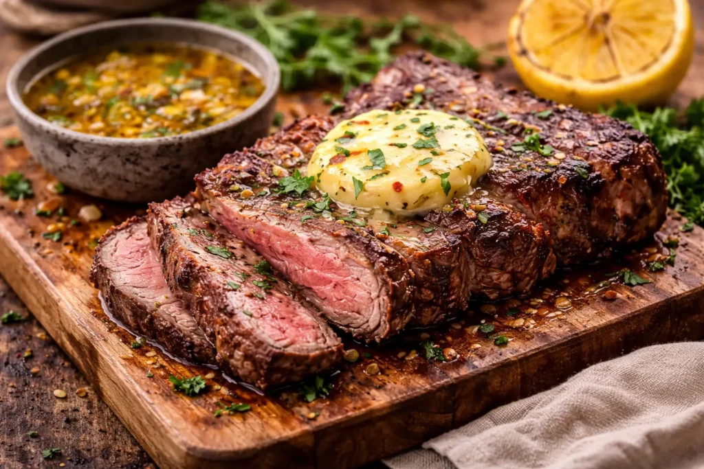 juicy steak dipped in melted cowboy butter garlic herb sauce in skillet