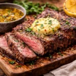 juicy steak dipped in melted cowboy butter garlic herb sauce in skillet