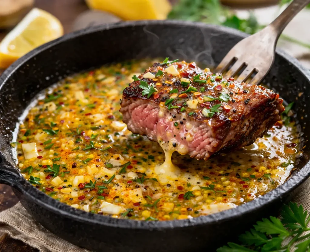 sliced medium rare steak topped with melting cowboy butter