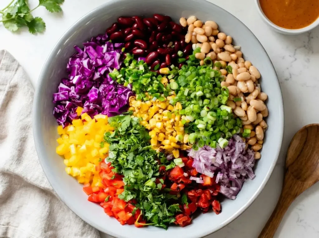dense bean salad ingredients in bowl chickpeas kidney beans vegetables herbs