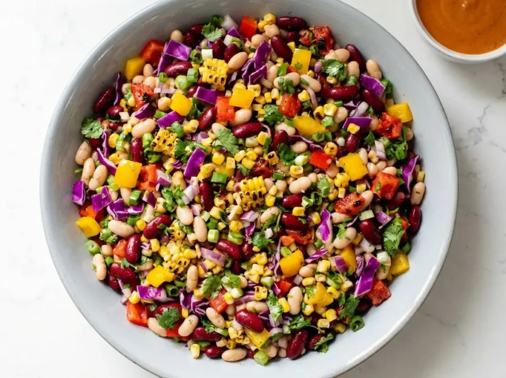 dense bean salad recipe with chickpeas kidney beans vegetables and creamy vinaigrette