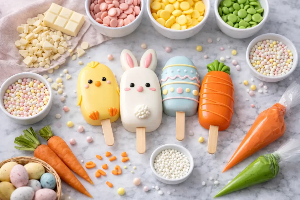 ingredients for easter cakesicles candy melts sprinkles piping bags cake