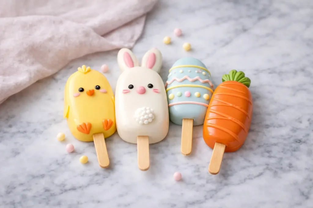 Easter cakesicles pastel chocolate bunny chick egg carrot on white marble