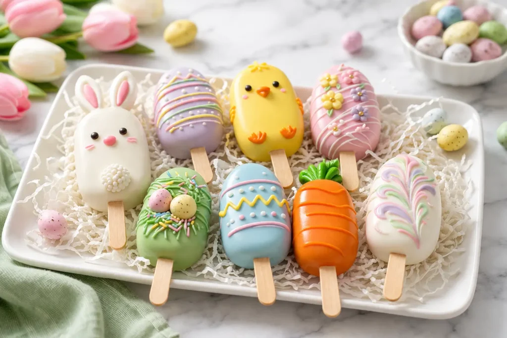 easter cakesicles dessert platter pastel bunny chick egg spring table