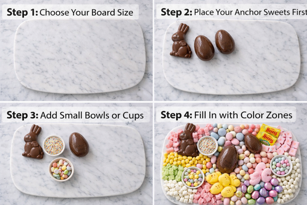pastel Easter candy charcuterie board with chocolate bunny eggs jelly beans and sweets on marble background
