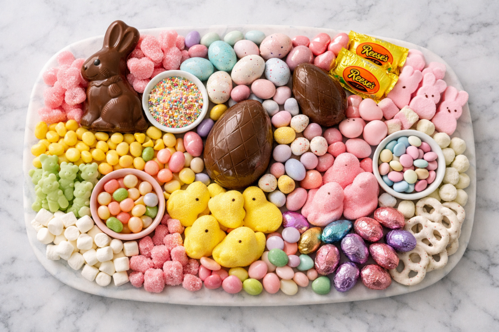 step by step Easter candy charcuterie board preparation on marble board with chocolate eggs and pastel candies
