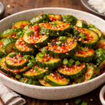 Korean cucumber salad recipe with sesame seeds green onions and spicy gochujang dressing in ceramic bowl