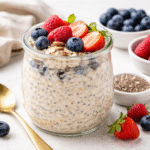 overnight oats for weight loss with chia seeds berries and almonds in a glass jar