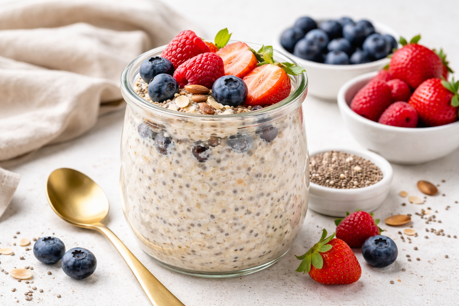overnight oats for weight loss with chia seeds berries and almonds in a glass jar