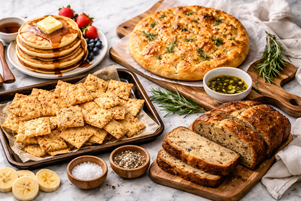 sourdough discard recipes pancakes crackers focaccia banana bread collage