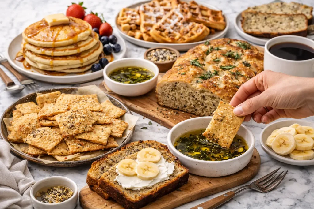 sourdough discard serving ideas pancakes waffles focaccia crackers banana bread plated
