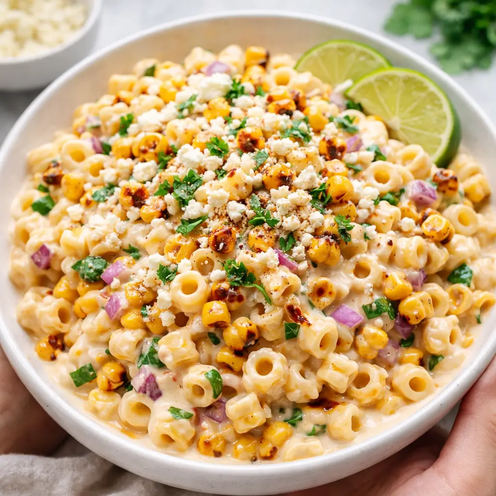 ultra creamy street corn pasta salad close up with charred corn cotija cheese and chili lime sauce held in hands