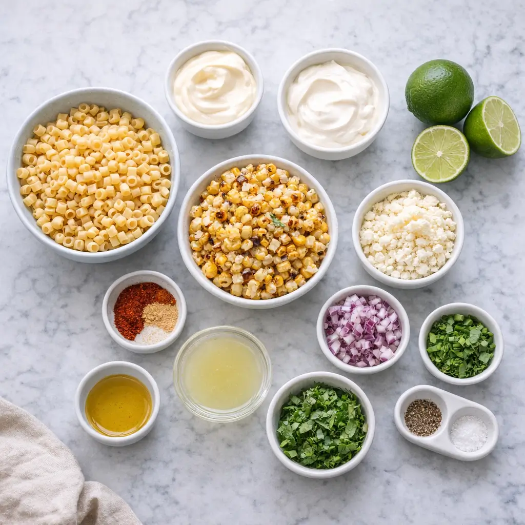 ingredients for street corn pasta salad arranged in bowls on white marble including corn pasta lime cotija cheese and spices