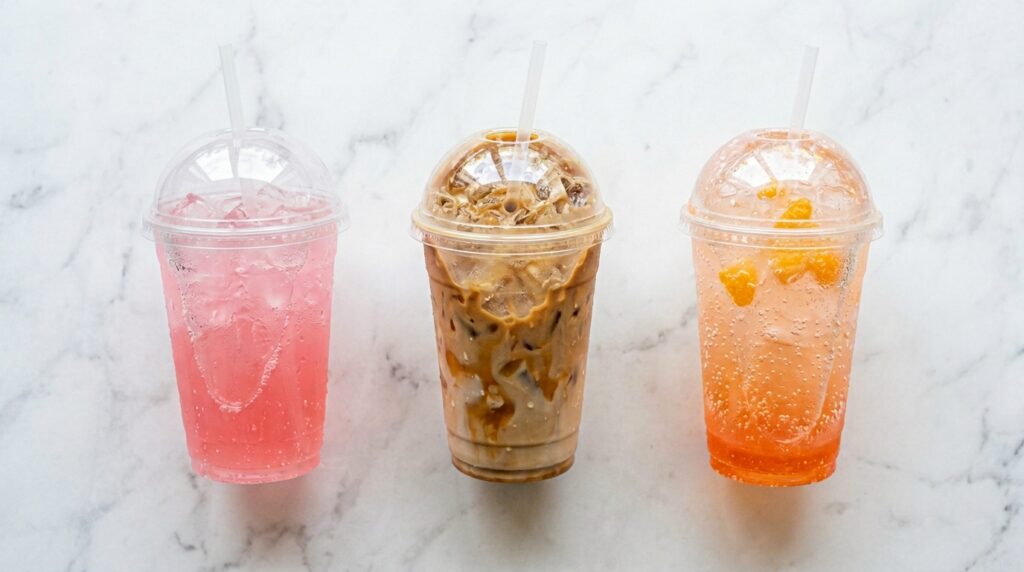 Three 7 Brew drinks to try including energy drink, iced latte, and fizz drink on marble