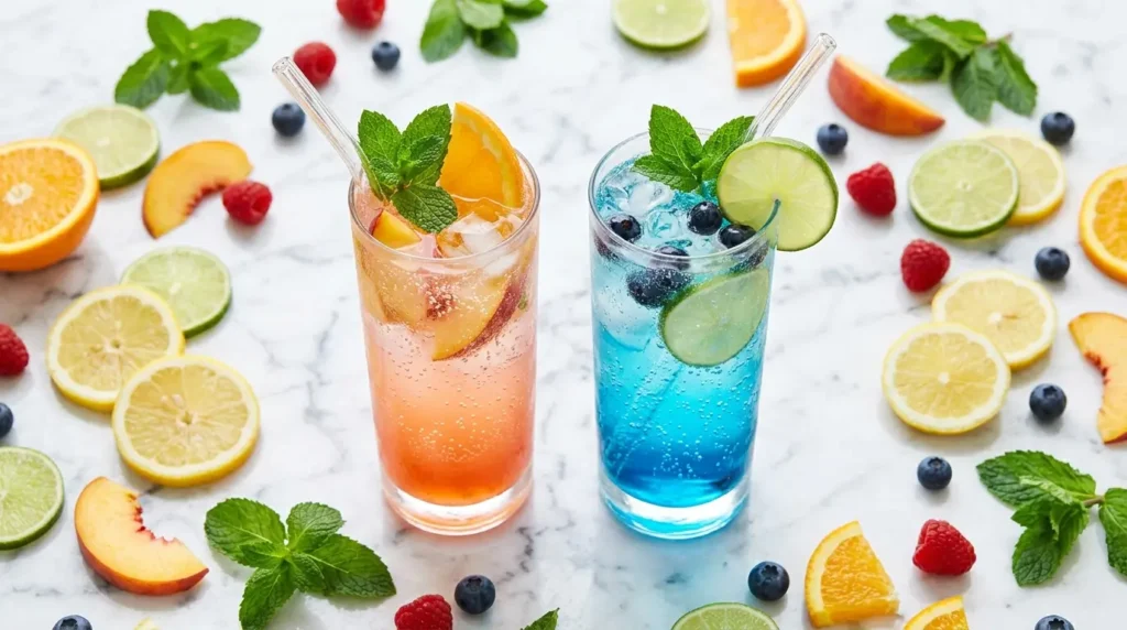 Colorful 7 Brew fizz drinks in tall cups with fruit on marble