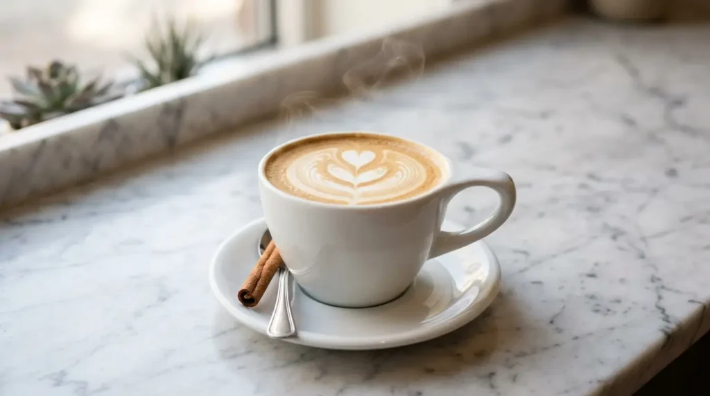 7 Brew hot coffee latte in white mug with latte art on marble surface