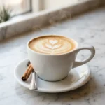 7 Brew hot coffee latte in white mug with latte art on marble surface