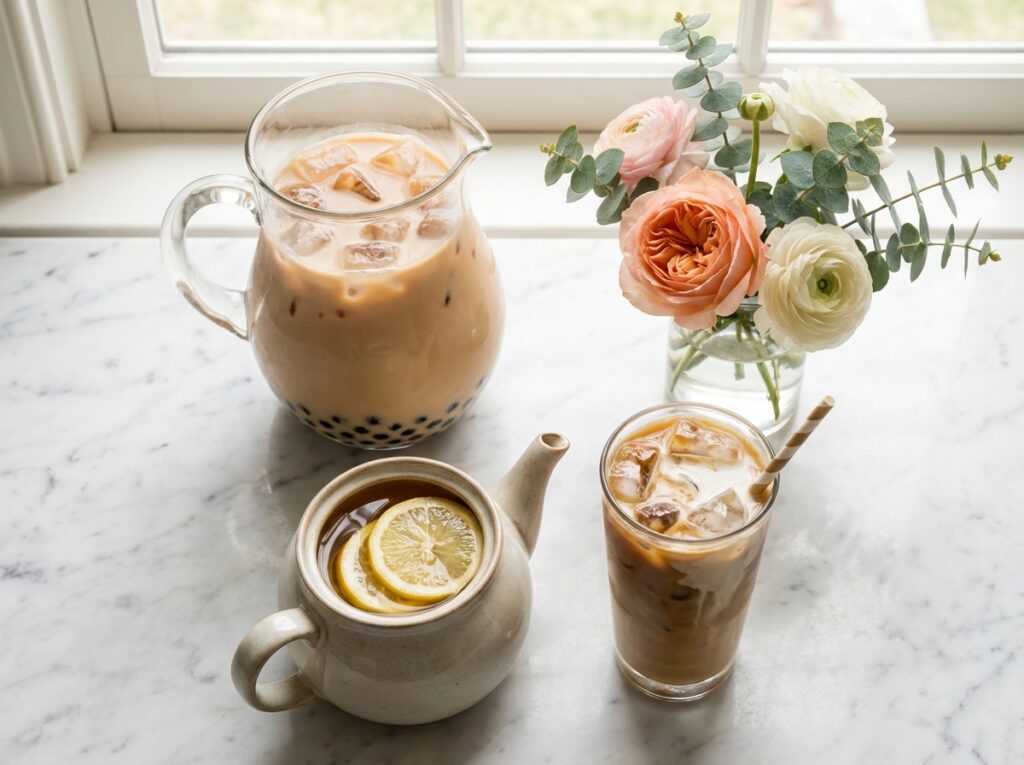 Mother's Day brunch drink station with royal milk tea, honey lemon ginger tea, and iced coffee on marble