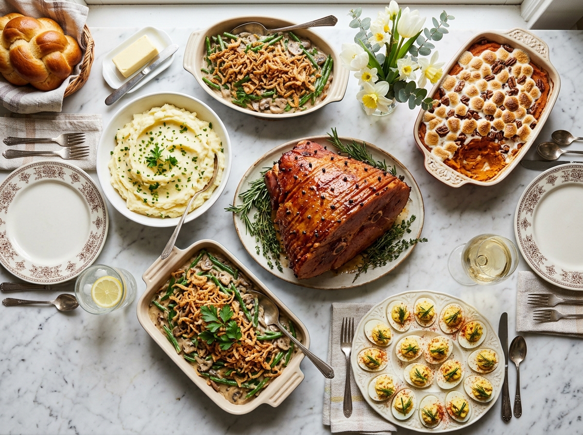Best ham side dishes arranged on an Easter dinner table with mashed potatoes and green bean casserole