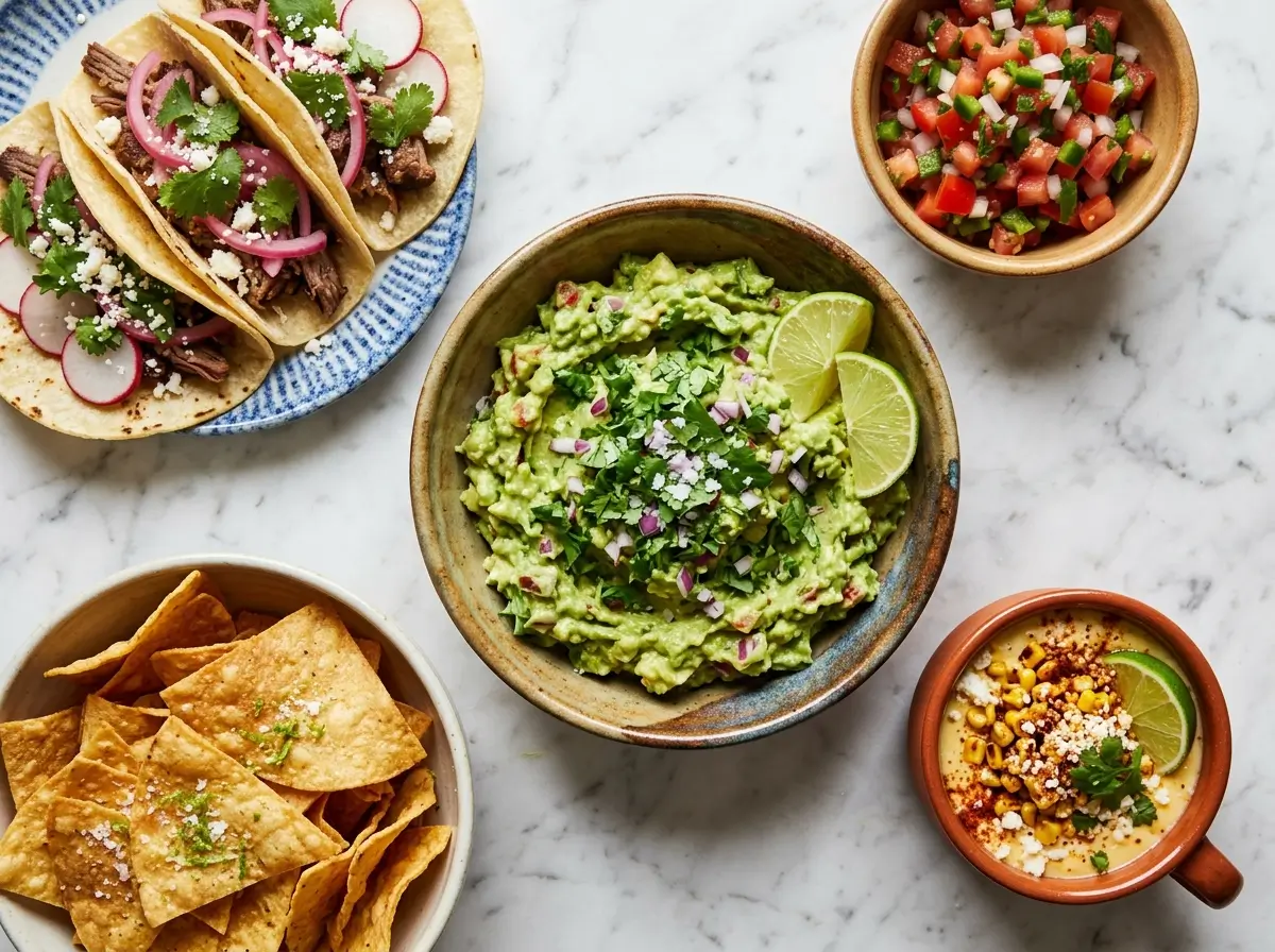 Cinco de Mayo party food spread with guacamole, tacos, and street corn dip on a marble surface