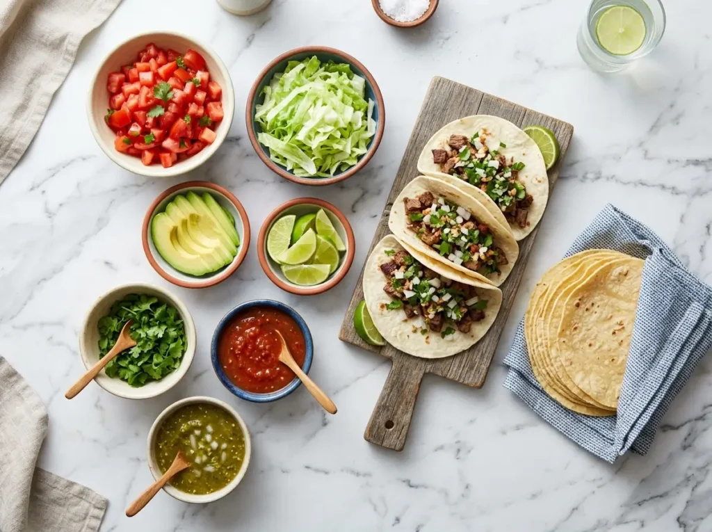 Cinco de Mayo taco station with colorful toppings in small bowls on white marble
