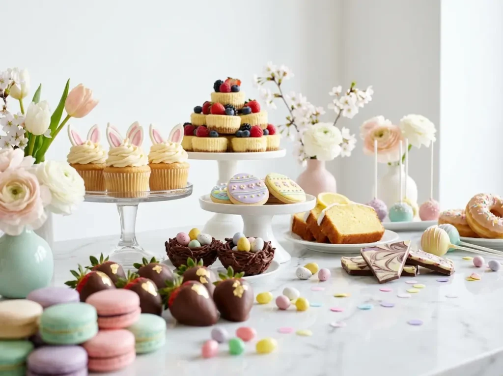 Cute Easter desserts table with bunny cupcakes, pastel cake pops, chocolate dipped pretzels, Easter bark and decorated cookies