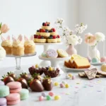 Cute Easter desserts table with bunny cupcakes, pastel cake pops, chocolate dipped pretzels, Easter bark and decorated cookies