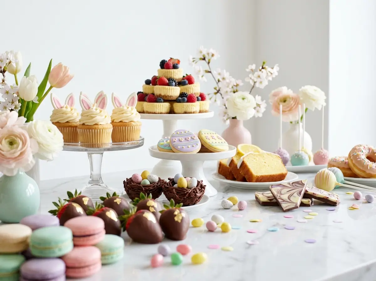 Cute Easter desserts table with bunny cupcakes, pastel cake pops, chocolate dipped pretzels, Easter bark and decorated cookies