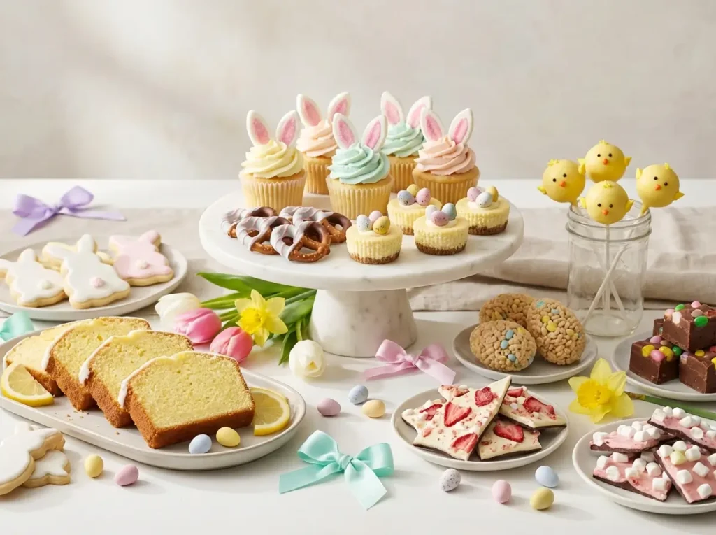 Variety of cute Easter desserts including bunny cupcakes, cake pops, Easter bark, cookies and mini cheesecakes