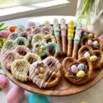 Easter pretzels dipped in pastel white chocolate with spring sprinkles