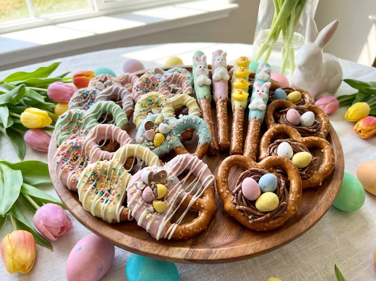 Easter pretzels dipped in pastel white chocolate with spring sprinkles