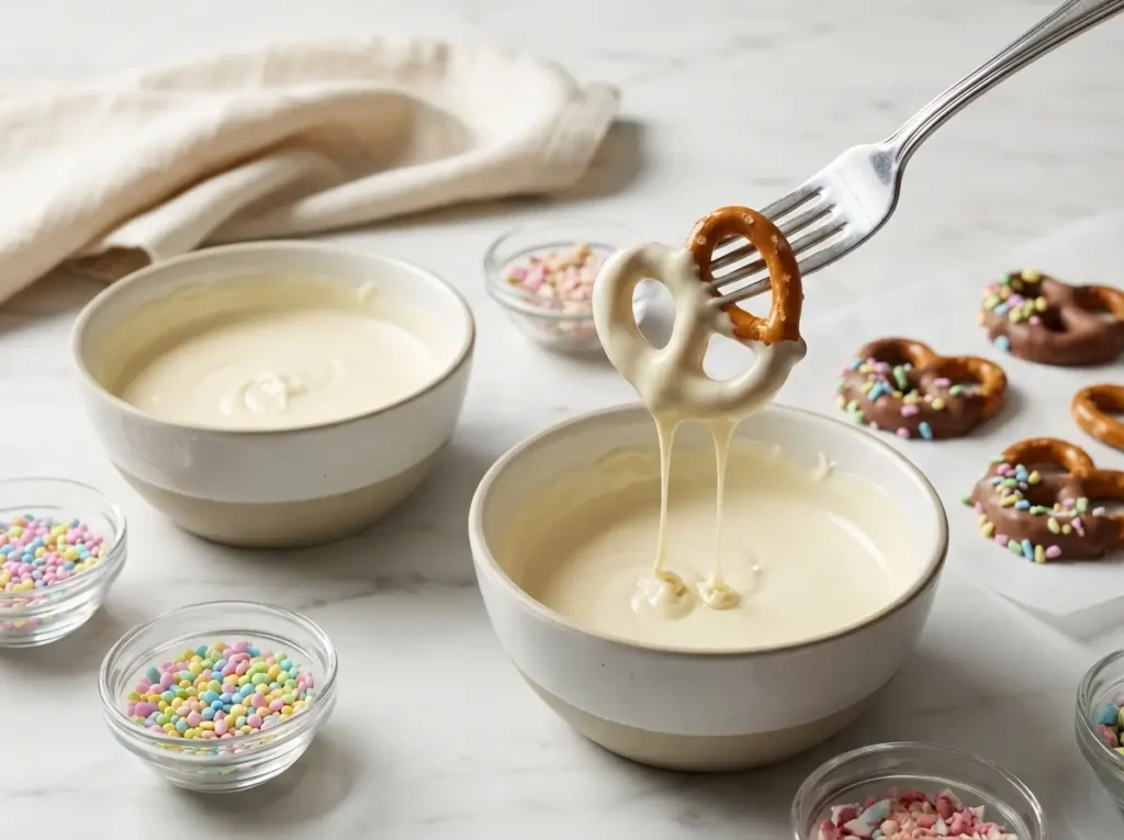 Dipping pretzel into melted white chocolate for Easter pretzels