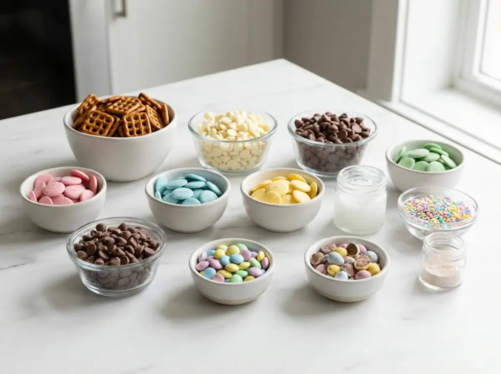 Ingredients for Easter pretzels including pretzels, white chocolate chips, pastel sprinkles and Easter candies in small bowls on a white marble background