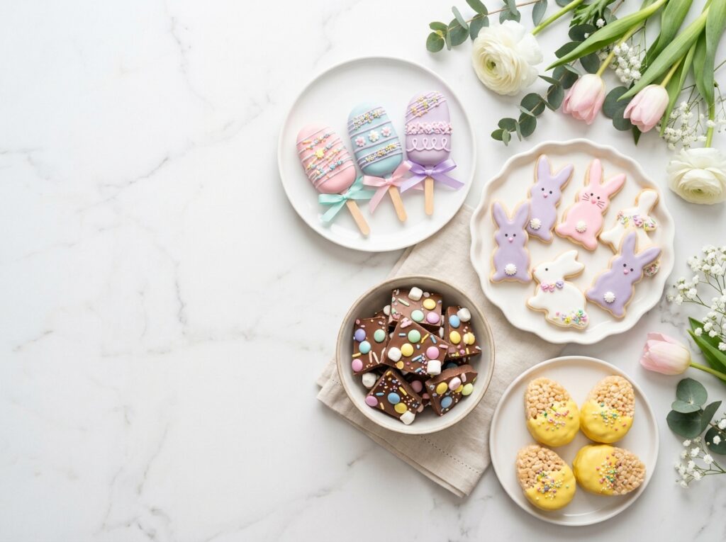 Assorted easy Easter desserts for kids displayed on white marble — egg cakesicles, bunny cookies, bark, and Rice Krispie treat eggs