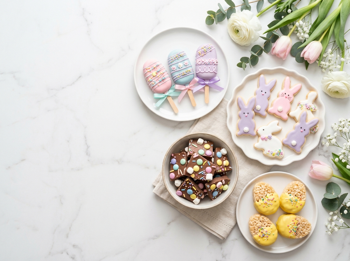 Assorted easy Easter desserts for kids displayed on white marble — egg cakesicles, bunny cookies, bark, and Rice Krispie treat eggs