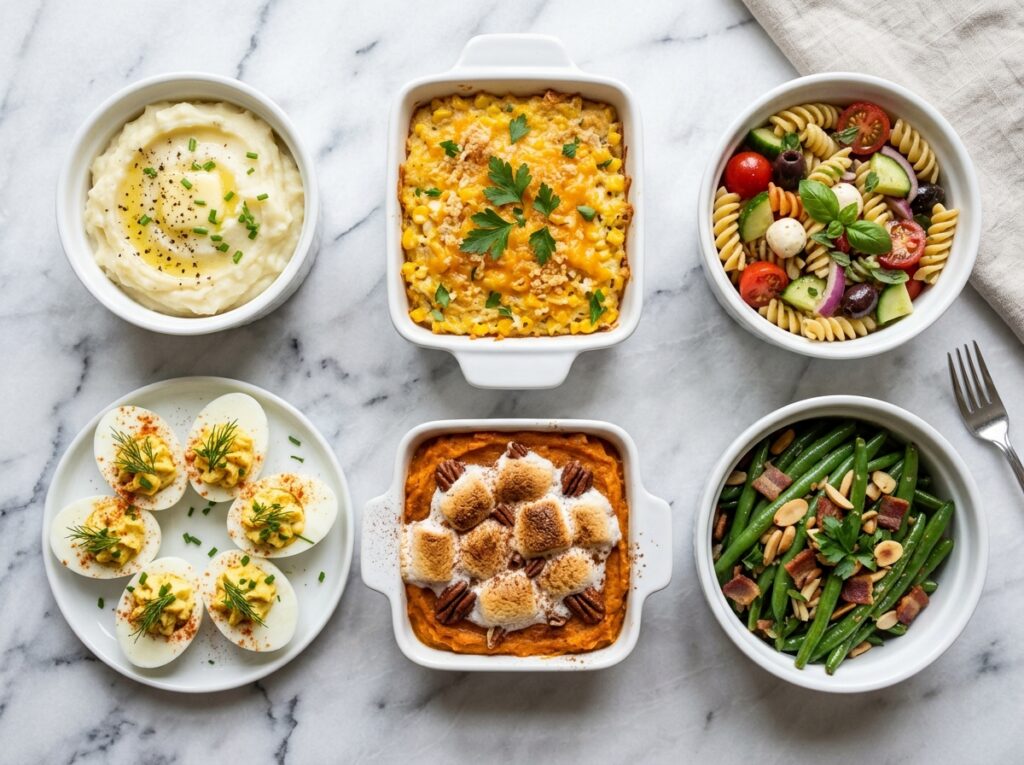 Easy ham dinner side dishes in serving dishes on white marble including mashed potatoes and deviled eggs