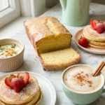 Mother's Day brunch spread with lemon loaf cake, pancakes, baked eggs, and chai latte on marble