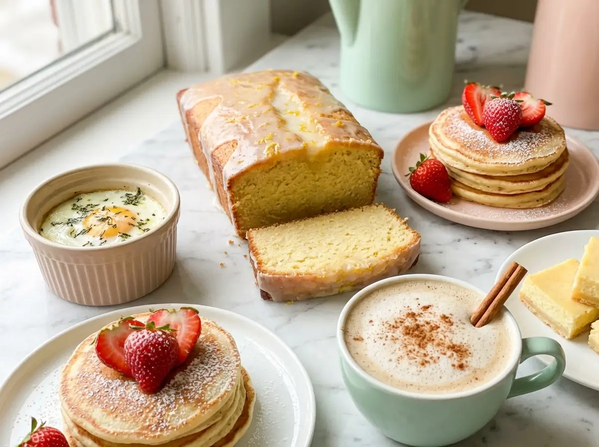 Mother's Day brunch spread with lemon loaf cake, pancakes, baked eggs, and chai latte on marble