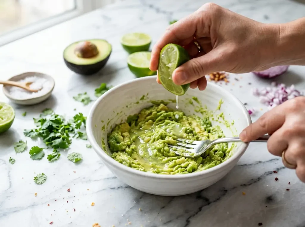 Fork mashing avocado in bowl