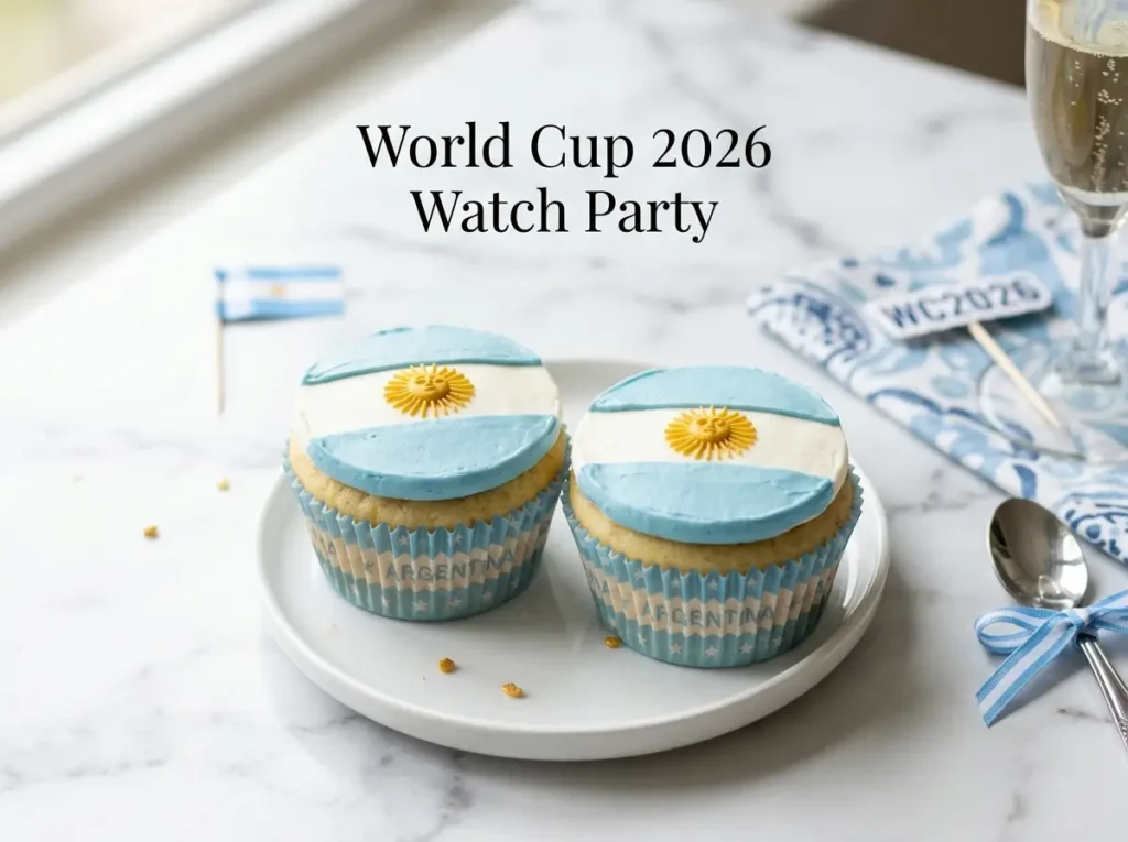 Argentina flag cupcakes with sky blue and white stripes and golden Sun of May detail