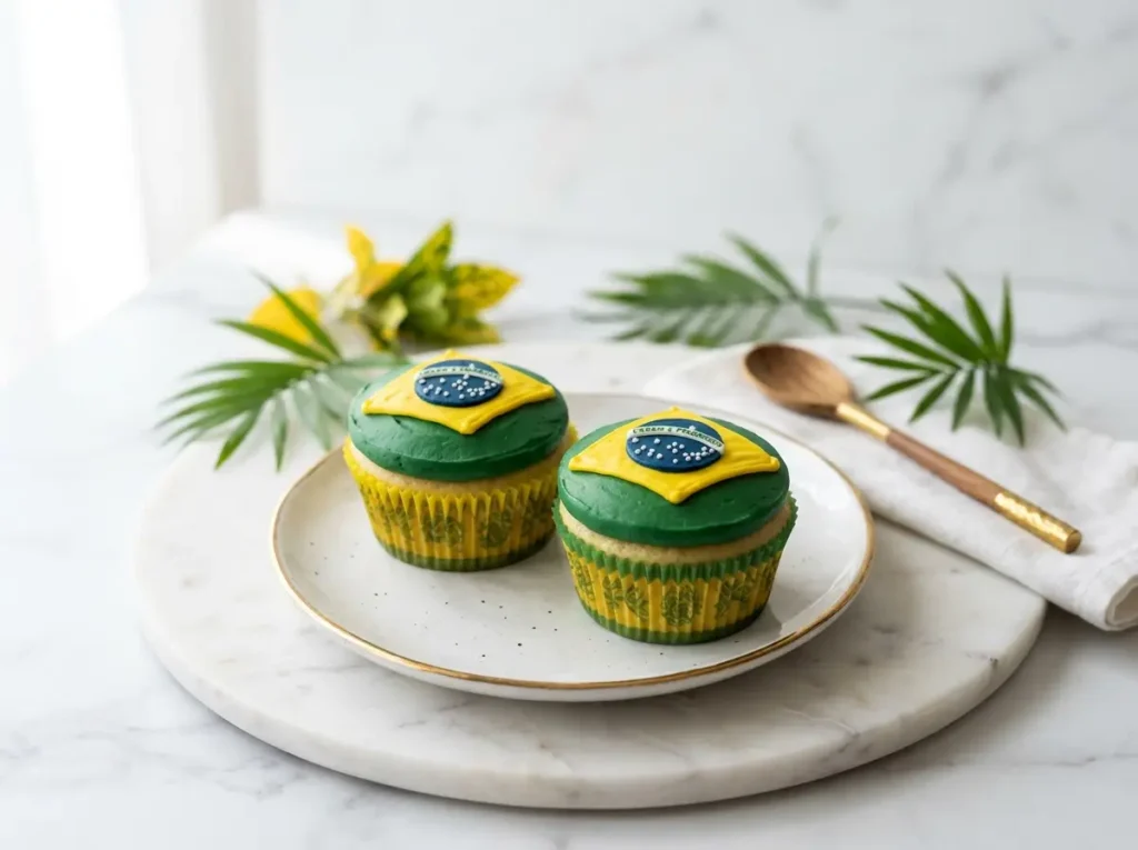 Brazil flag cupcakes with green base yellow diamond and blue circle buttercream decoration