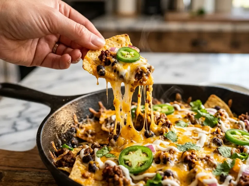 Cheesy loaded nachos recipe close up with melted cheese pull