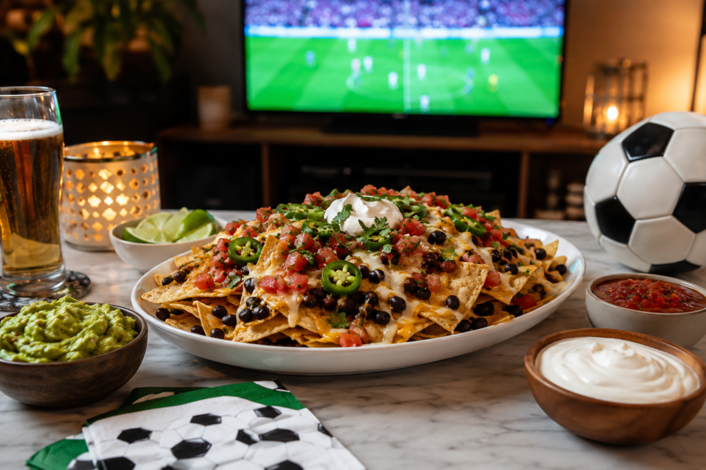 Loaded nachos recipe served at a World Cup game day watch party