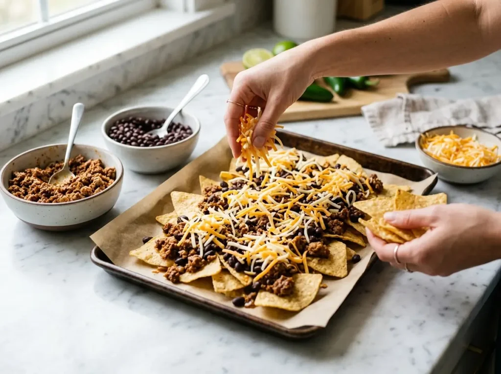 Layering tortilla chips and cheese for loaded nachos recipe
