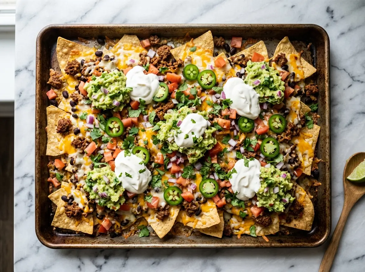 Loaded nachos recipe on a sheet pan with melted cheese and toppings