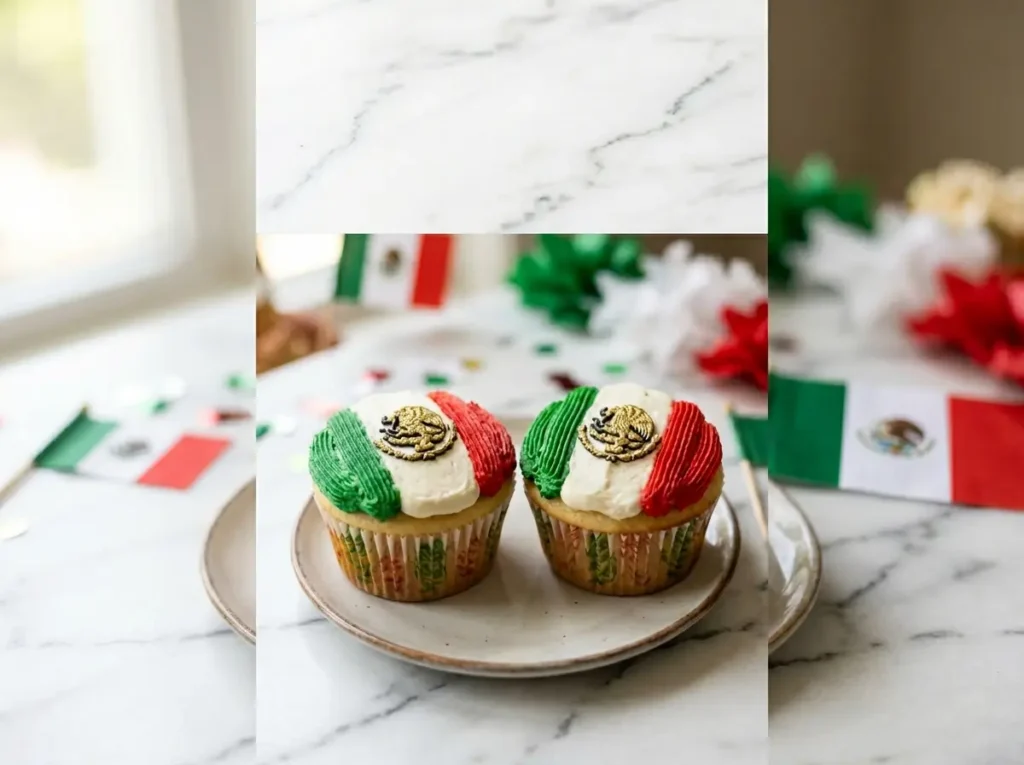 Mexico flag cupcakes with green white and red buttercream stripes on white marble