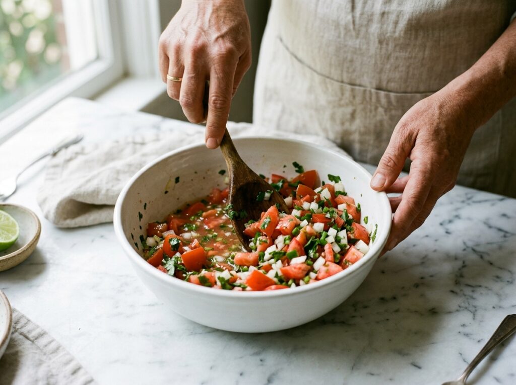 mixing fresh pico de gallo in a white bowl with wooden spoon