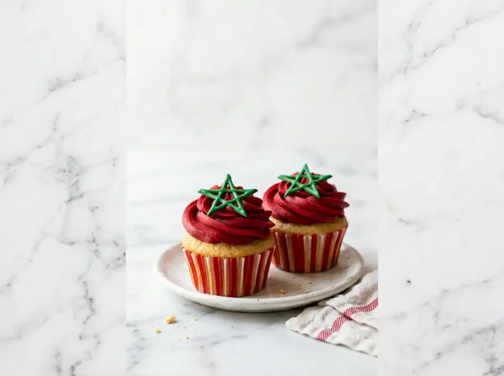 Morocco flag cupcakes with deep red buttercream and five-pointed green star