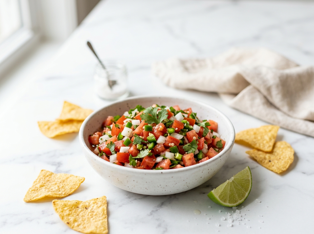pico de gallo recipe in white bowl with tortilla chips on marble